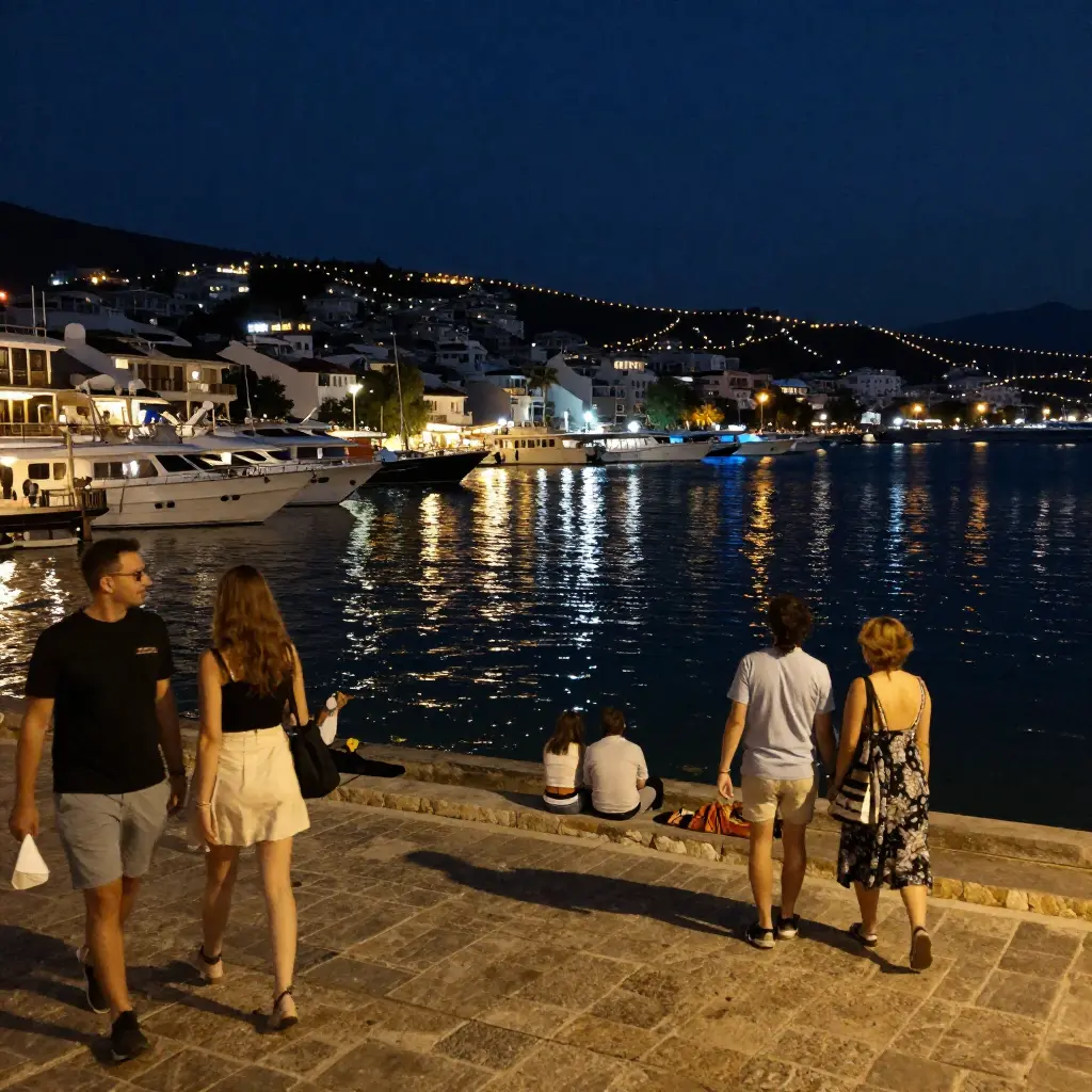 Bodrum Marina at night with yachts and waterfront lights