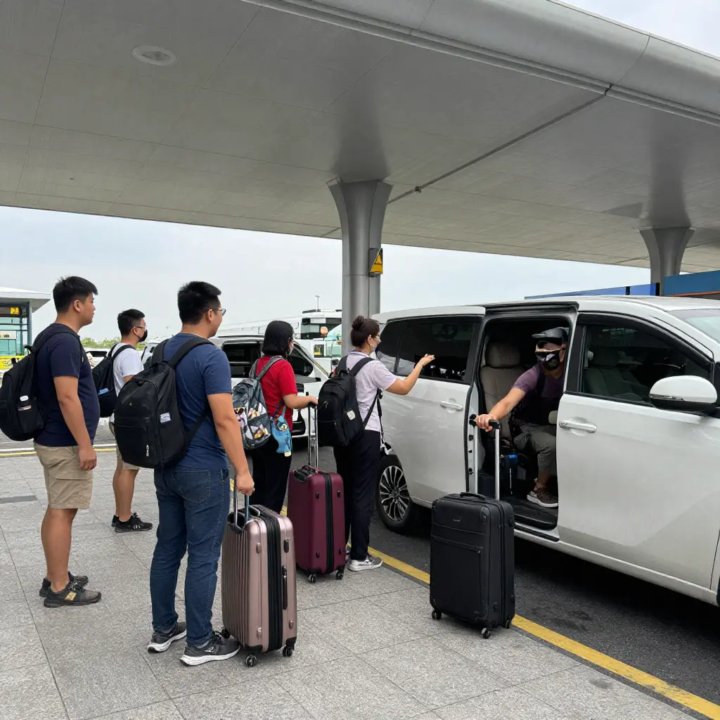 Passengers meeting their airport transfer driver outside Dalaman Airport terminal